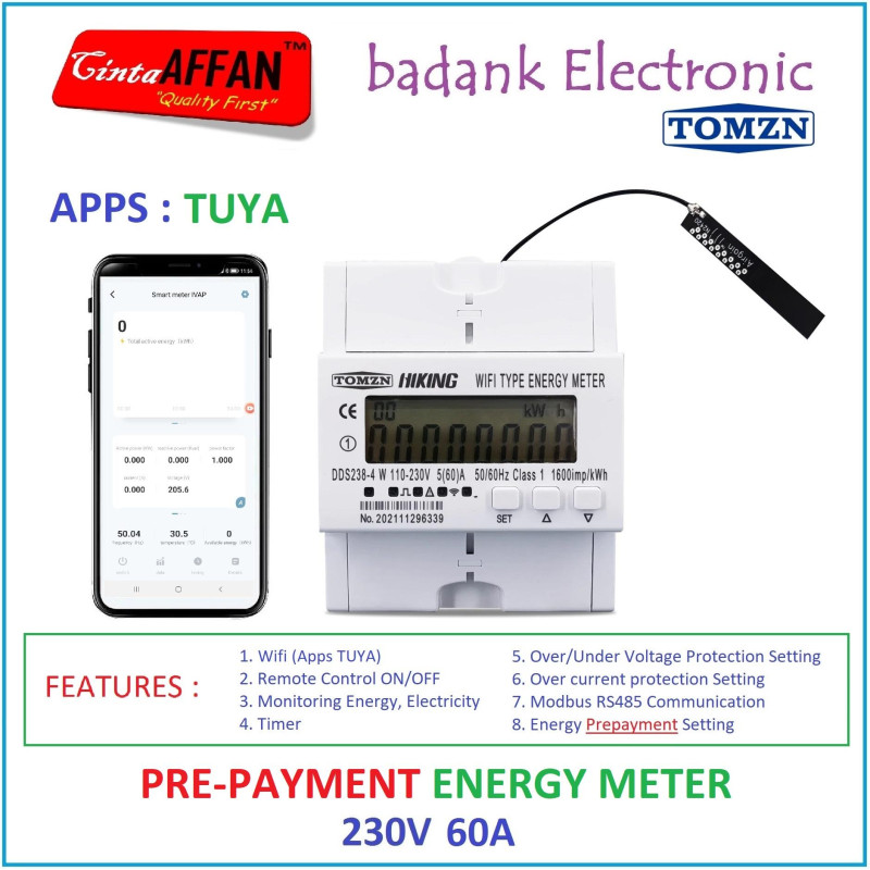 60A TUYA Single Phase WIFI Smart Energy Meter MODBUS kWh Pre-Payment